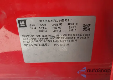 2015 Chevrolet Sonic Ltz Auto z USA, uszkodzony, nr VIN 1G1JE5SB4F4145201